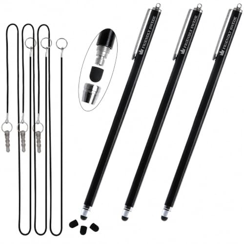 The Friendly Swede Extra Long Stylus Pen for Touchscreen — Set of 3 Thin-Tip High Precision Capacitive 7.3" Stylus Pens - Including Elastic Lanyards, 3 Replaceable Tips & Cleaning Cloth - Black - color: Black
