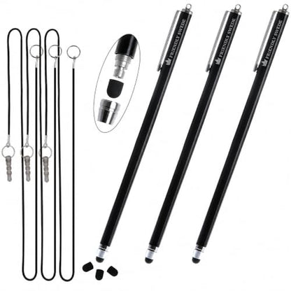 The Friendly Swede Extra Long Stylus Pen for Touchscreen — Set of 3 Thin-Tip High Precision Capacitive 7.3" Stylus Pens - Including Elastic Lanyards, 3 Replaceable Tips & Cleaning Cloth - Black - color: Black