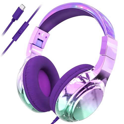 QearFun USB C Kids Headphones Wired with Mic, 85/94dB Safe Volume Limit, Foldable Over Ear, Tangle-Free Cord & Sharing Port, Wired On-Ear Headset for School, Chromebook, Tablet, Travel-Boys & Girls - color: Purple