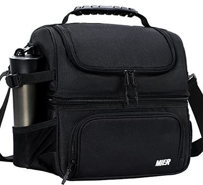 MIER Dual Compartment Lunch Bag Tote with Shoulder Strap for Men and Women Insulated Leakproof Cooler Bag, Black - color: Black