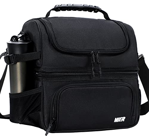 MIER Lunch Box for Men - Dual Compartment Adult Lunch Bag for Work, Black | Leakproof & Insulated; Lunchbox Cooler Tote with Side Bottle Holder; Detachable Shoulder Strap with Pad; Multi-Pockets - color: Black