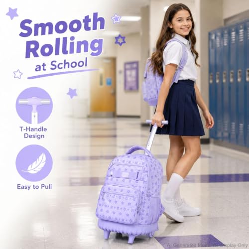 3Pcs Rolling Backpack for Girls Women, School Kids Roller Bookbag with Wheels, Wheeled Backpacks Set for Elementary (Purple) - color: Star Purple