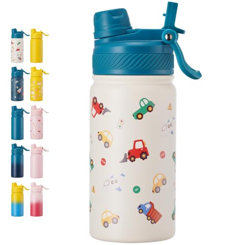Fijinhom 12 oz Kids Water Bottle, 2-in-1 Stainless Steel Vacuum Insulated Water Bottle for Toddler, Leak Proof Spout & Straw, Double Wall Thermal Flask for Boys&Girls, School, Outdoor, Travel (Car) - color: Car, size: 12 Ounces