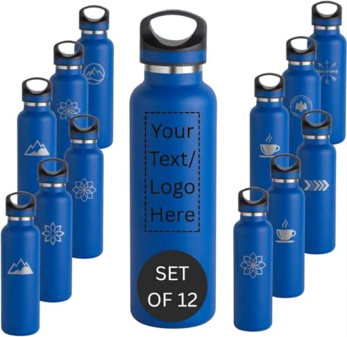 CUSTOM PRINTED 20 oz Vacuum Insulated Water Bottles Set of 12, Personalized Stainless Steel Water Bottle with Logo, Double Wall Copper Lined Insulated Bottle, Leak Resistant Narrow Mouth (Blue) - color: Blue