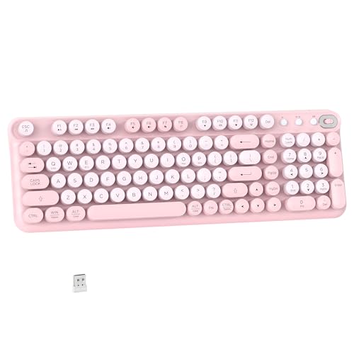 Links9+ Wireless Bluetooth Keyboard, 2.4GHz Receiver(Pink) | Retro Round Typewriter Keyboard, Dual Mode Bluetooth Keyboard Compatible with Windows, macOS, iPad, Android, Laptops, Tablets - color: Pink
