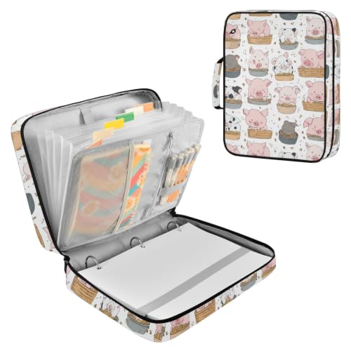 Caikeny Zipper Binder Bag with Handle Cute Pink Mini Pigs 1.5 Inch Binders 3 Ring 500 Sheet6 Tab Expanding File Folder for School Office