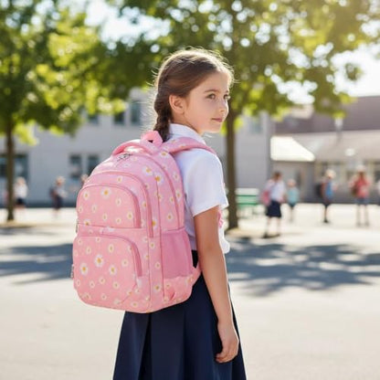 Glodwheat Daisy Printed Backpack For Girls- 3Pc Set With Lunch Box & Pencil Case, Lightweight Water-Resistant Bookbag For Elementary School - color: Pink
