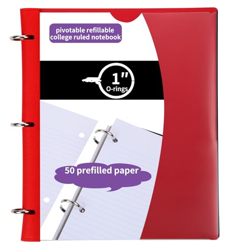 Pivotable Refillable Notebook, 1 Inch 3 Ring Notebook Binder, 50 College Ruled Paper, 5 Subject Notebook with Dividers and Folder Pockets, Tabs- Red - color: Red, size: 1 PCS