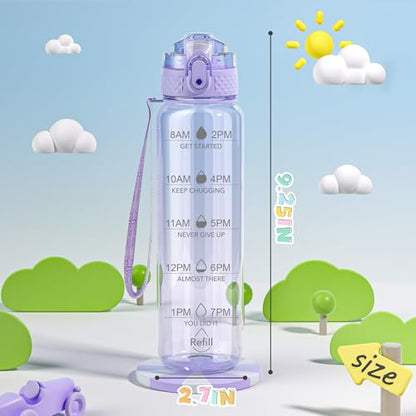 OLDLEY 17oz Kids Water Bottle, Tritan BPA-Free, Leakproof Flip Straw Lid, Motivational Time Marker, Carry Strap, Reusable Clear Water Bottle for Boys & Girls,Amethyst - color: Amethyst, style: 17 Ounces