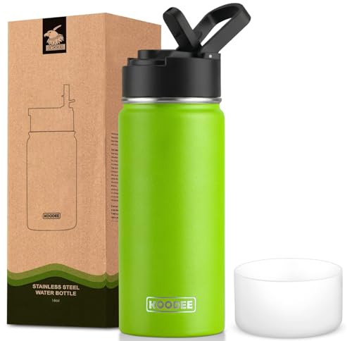 Koodee 16 oz Water Bottle-Stainless Steel Double Wall Vacuum Insulated Wide Mouth Water Flask with Straw Lid, BPA Free(Apple Green） - color: apple-green-A, size: 16 Ounces