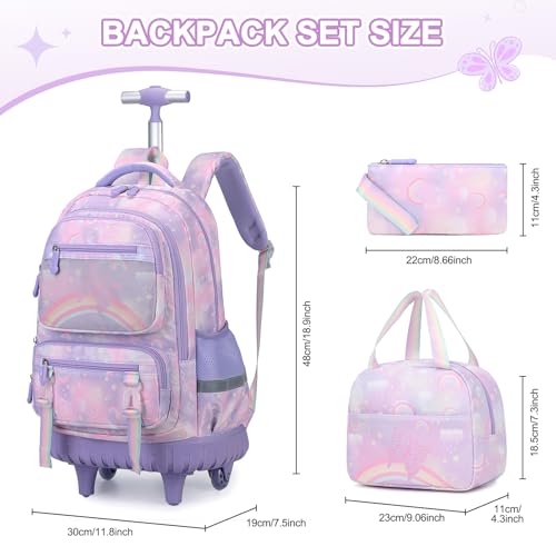 Scothen Rolling Backpack for Girls, 3PCS Roller School Backpacks for Girls with Lunch Bag and Pencil Pouch, Kids Bookbag Schoolbag with Wheels for Teen Girl Kindergarten Elementary Middle School - color: Purple