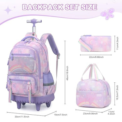Scothen Rolling Backpack for Girls, 3PCS Roller School Backpacks for Girls with Lunch Bag and Pencil Pouch, Kids Bookbag Schoolbag with Wheels for Teen Girl Kindergarten Elementary Middle School - color: Purple