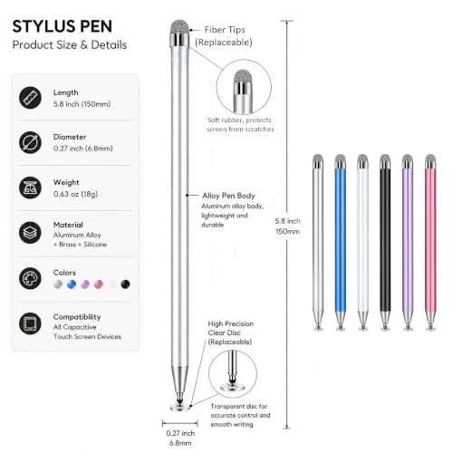 6 PCS Stylus Pen for Touchscreen, 2in1 Universal Stylus for Nintendo Switch | Metal Barrel, High-Precision Disc Tip Capacitive Stylus Pencil for Apple iPad/Ayn Thor/iPhone/Android Smartphones and Tablets