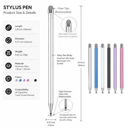 6 PCS Stylus Pen for Touchscreen, 2in1 Universal Stylus for Nintendo Switch | Metal Barrel, High-Precision Disc Tip Capacitive Stylus Pencil for Apple iPad/Ayn Thor/iPhone/Android Smartphones and Tablets