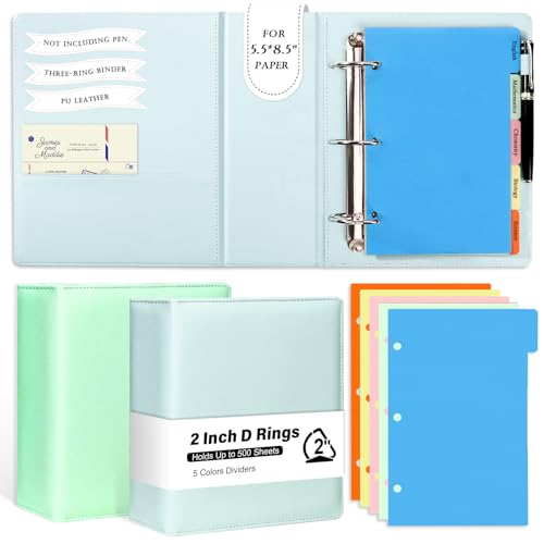 2 Pack 3 Ring Binder Junior Size Pu Leather Binder 2 Inch D Rings with 5 Colors Dividers 5.5" x 8.5" Holds Up to 500 Sheets with Pen Loop Pocket Small Binder for Office School 8x9.65x3inch - color: Green&blue, size: 2"D Ring