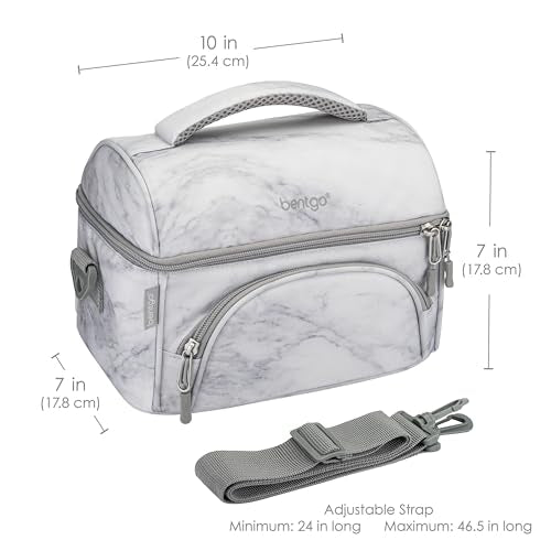 Bentgo Deluxe Lunch Bag - Durable and Insulated Lunch Tote with Zippered Outer Pocket, Internal Mesh Pocket, Padded & Adjustable Straps, & 2-Way Zippers - Fits Most Lunch Boxes (White Marble) - color: White Marble