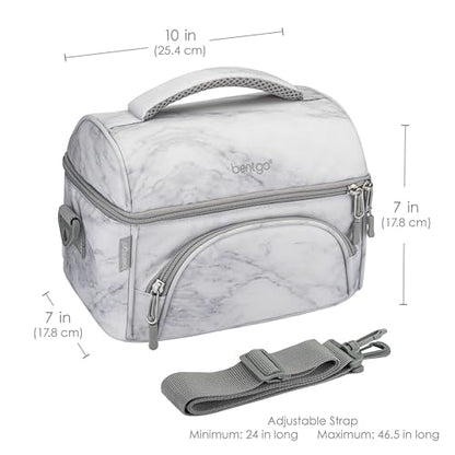 Bentgo Deluxe Lunch Bag - Durable and Insulated Lunch Tote with Zippered Outer Pocket, Internal Mesh Pocket, Padded & Adjustable Straps, & 2-Way Zippers - Fits Most Lunch Boxes (White Marble) - color: White Marble