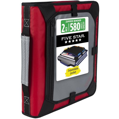 Five Star Zipper Binder 2 Inch O-Rings Case Organiser with Expansion Panel and 5-Tab Expanding File Folder, 580 Sheet Capacity, Crimson Fade (290520K) - color: Crimson Fade, size: 1 Pack