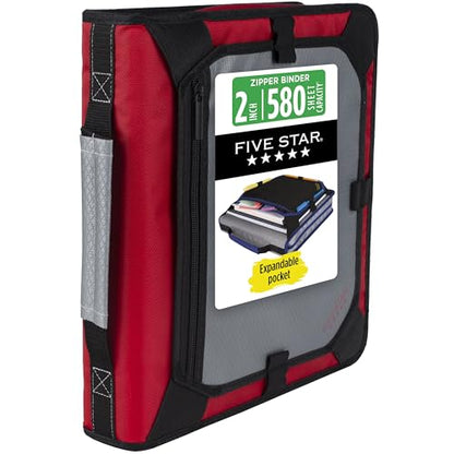 Five Star Zipper Binder 2 Inch O-Rings Case Organiser with Expansion Panel and 5-Tab Expanding File Folder, 580 Sheet Capacity, Crimson Fade (290520K) - color: Crimson Fade, size: 1 Pack