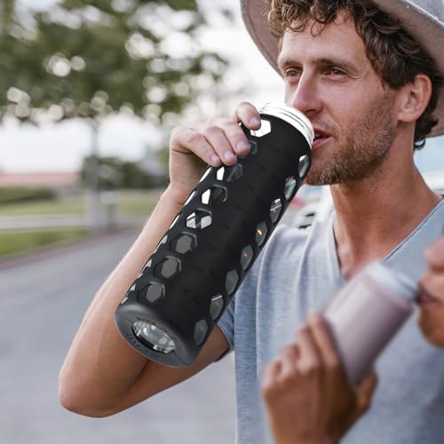 MUKOKO Glass Water Bottle, 32oz, Black | Glass Tumbler with Straw, Drinking Bottles with 2 Lids-Handle Spout Lid & Bamboo Straw Lid, Silicone Sleeve, 1 Pack - color: Black, size: 32 Ounces