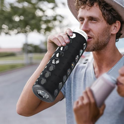 MUKOKO Glass Water Bottle, 32oz, Black | Glass Tumbler with Straw, Drinking Bottles with 2 Lids-Handle Spout Lid & Bamboo Straw Lid, Silicone Sleeve, 1 Pack - color: Black, size: 32 Ounces