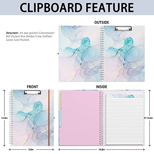 Rimilak Spiral Clipboard Folio with Refillable Lined Notepad, 14.5 x 9.8 In, Hardcover Cover with 5 Interior Pockets, Elastic Band and Pen Loop Series. Cute Stylish Clipfolio, Purple Marble - color: Purple Marble