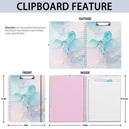 Rimilak Spiral Clipboard Folio with Refillable Lined Notepad, 14.5 x 9.8 In, Hardcover Cover with 5 Interior Pockets, Elastic Band and Pen Loop Series. Cute Stylish Clipfolio, Purple Marble - color: Purple Marble