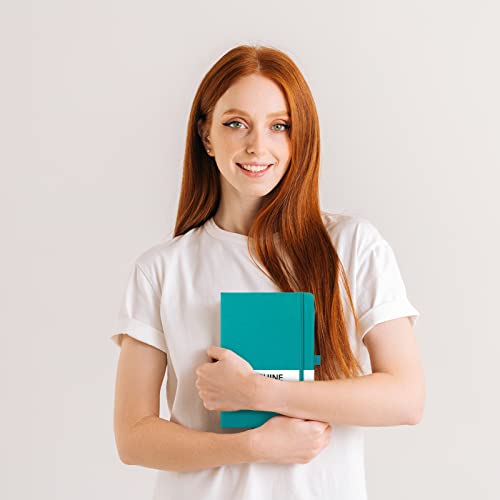 Dotted Journal/Notebook - Dot Grid Hard Cover Notebook, Premium Thick Paper with Fine Inner Pocket, Black Smooth Faux Leather, Pen Loop, 5.3'' x 8.26'' - Cyan - color: Cyan, size: Dotted