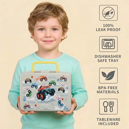 rockpapa Chill Bento Box for Kids- Large 5.5 Cups Lunch Box with Ice Pack - 5 Compartments, BPA-Free, Leak Proof, with Utensils & Portable Handle, Microwave/Dishwasher Safe (Grey Trucks) - color: Grey Trucks