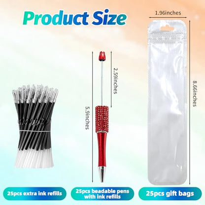 75 Pcs DIY Diamond Beadable Pen Kit - 25 Plastic Rhinestone Beaded Pens Bulk with Refills & Bags - Fancy Cute Glitter Pens for Crafting, Students & Teachers – School Supplies (Red) - color: Red, size: 25