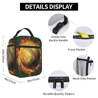 Baseball Lunch Box for Kids Aldults, Cool Sport Style Reusable Thermal Insulation Cooler Tote Bags, Flaming Fire Ball Insulated Bag for Student, School Picnic Camping Travel, Gifts - color: Baseball01