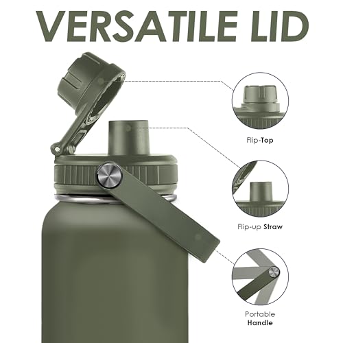 Insulated Stainless Steel Water Bottle 32oz, Vacuum Chug Lid Travel Tumbler for Men Friends Dad Brothers, Birthday Christmas Fathers Day (Olive) - color: Solid Color 2