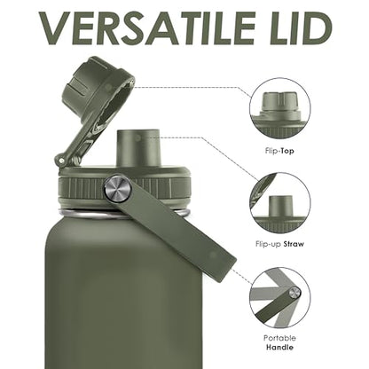 Insulated Stainless Steel Water Bottle 32oz, Vacuum Chug Lid Travel Tumbler for Men Friends Dad Brothers, Birthday Christmas Fathers Day (Olive) - color: Solid Color 2