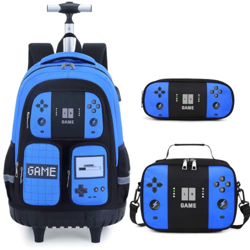 Jafeton Rolling Backpack for Boys, 3 PCS Gamer Boy Backpack Set with Lunch Box & Pencil Pouch, Roller Wheels School bag for Boys Kids Teens, Elementary Middle School, Kids Bookbag Casual Daypack - color: Blue