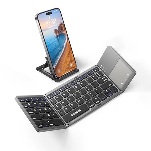 Samsers Foldable Bluetooth Keyboard with Touchpad - Portable Wireless Keyboard with Holder, Rechargeable Full Size Ultra Slim Pocket Folding Keyboards for Android Windows iOS Tablet & Laptop - color: Grey, size: 1-Device