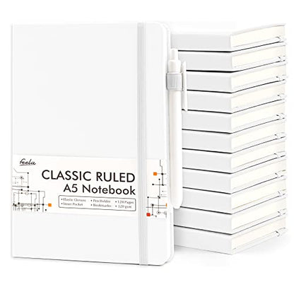 feela 12 Pack Notebooks Journals Bulk, Hardcover Notebook Classic Ruled Lined Journals with Pen Holder for Women Girls School Business Supplies, with 12 Black Pens, 120 GSM, 5.1”x8.3”, A5, White - color: 12 White