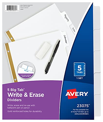 Avery Big Tab Write & Erase Dividers for 3 Ring Binders, 5-Tab Set, 1 Binder Divider Set (23075)
