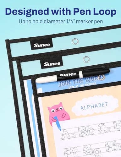 SUNEE 6 Packs Oversized Reusable Dry Erase Pocket Sleeves with Ring, Black 10x14 Ticket Holders, Clear Plastic Sheet Protectors, Teacher School Classroom Supplies - color: Black, style: 6 Pack