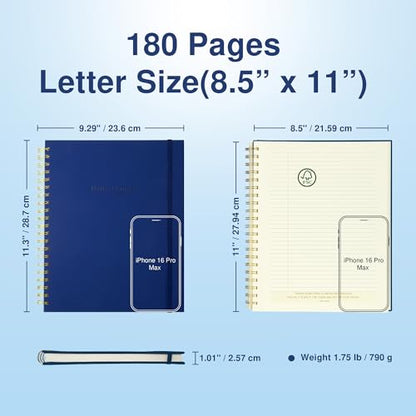 AuroPlanner Undated Daily Planner Notebook 8.5x11 Hourly Schedule Blue | office & student planning, 180 pages 100 GSM cream white paper hardcover spiral bound notebook, 2026-2028 reference calendar - color: Navy Blue