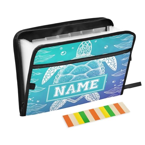 Custom Name Seaweed Turtle Expandable Filing Folder 13 Accordion Pockets with Sticky Labels Personalized Water Resistant Document Organizer with Zipper Closure for Home Office School Travel - color: Custom Name - Turtle