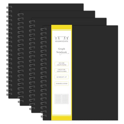 Graph Paper Spiral Notebook-A4 Grid Journal 8.5" x 11" - 4 Pack 160 Pages 100GSM Thick Paper Large Hardcover Notebooks for Note Taking Engineering Graphing Work School Supplies,Black - style: Graph