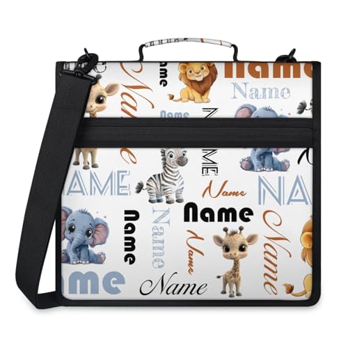 Custom Elephant Zebra Giraffe Lion 3 Ring Binder with Zipper, Personalized Name Large Capacity File Folder, Multiple Pockets & Storage Organizer - color: White
