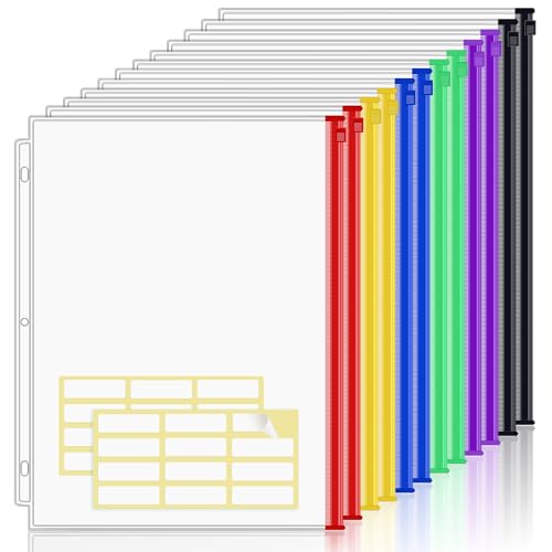 KTRIO 12 Pack Binder Pockets, 8.5 x 11 Colored Zipper Pouches for Binders | Thickened PVC Document Folders, 3 Holes Pre-Punched Fits Standard Binder Letter-Size Paper Storage, Business Office Supplies - size: 12 Pack, style: Multicolored Zipper