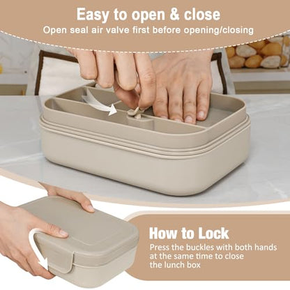 Caperci Stackable Bento Lunch Box for Adult & Teens - Reinforced Leak-Proof Lunch Container 4-Compartment with Utensils & Sauce Container, BPA-Free, Dishwasher/Microwave Safe, 47oz (Pale Mocha) - color: Pale Mocha