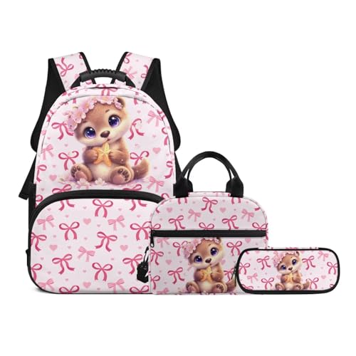 School Backpacks for Girls,Otter Lightweight Bookbag Schoolbag 3-in-1 Backpack Set with Lunch Bag and Pencil Case for Elementary Preschool School Student - color: Pink Bows-otter
