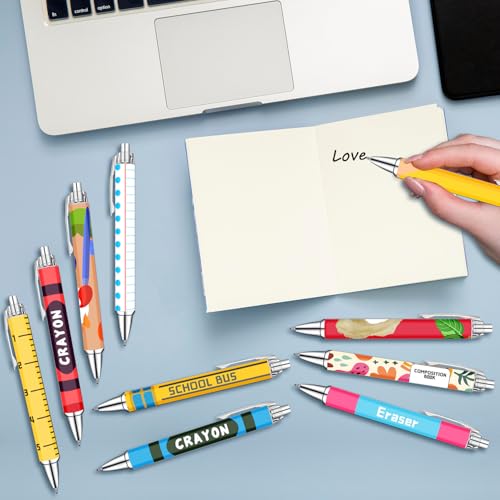 Teacher Appreciation Week Ballpoint Pens Set of 10 – Colorful Crayon-Inspired Teacher Theme Pens with Classroom Supply Designs – Smooth Black Ink Pens for Classroom, Office, and Thank You Gifts - style: Chalk Teacher