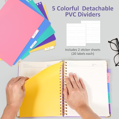 Hardcover Spiral Notebook Journal with Removable PVC Dividers - 8'' x 10'' Large 100 GSM Paper B5 Notebooks with Tabs, 300 Pages Leather 5 Subject Notebook College Ruled for Work School Notes, Purple - color: Purple