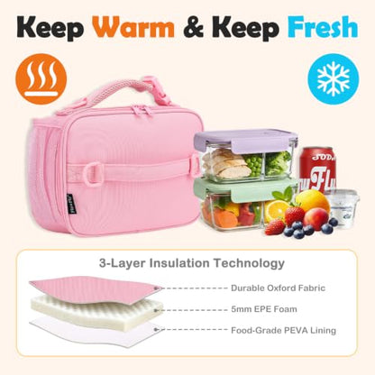 FlowFly Kids Lunch Bag, Durable Insulated School Lunch Box with Shoulder Strap and Bottle Holder, Water-resistant Thermal Small Lunch Cooler Tote for Teen Boys & Girls,Pink - color: Pink
