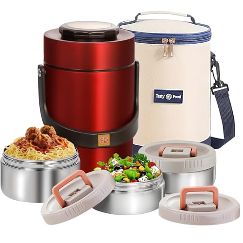 67 oz Adults Stainless Steel Vacuum Insulated Wide Mouth Soup Food Thermo Hot Food Jar with Keep Thermal Portable 3 Tier Stackable Bento Hot Food Containers Lunch Boxes (67 oz Red) - color: 67 oz Red