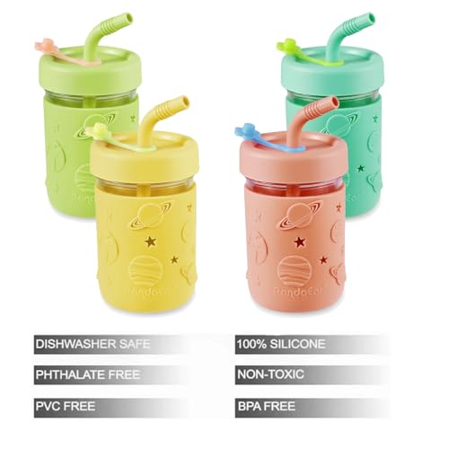 PandaEar Kids & Toddler Glass Cups, 4 Pack Glass Mason Jar Cups 8.45 oz with Silicone Sleeves & Straws, Spill-Proof Smoothie & Snack Cups for Children Ages 3+